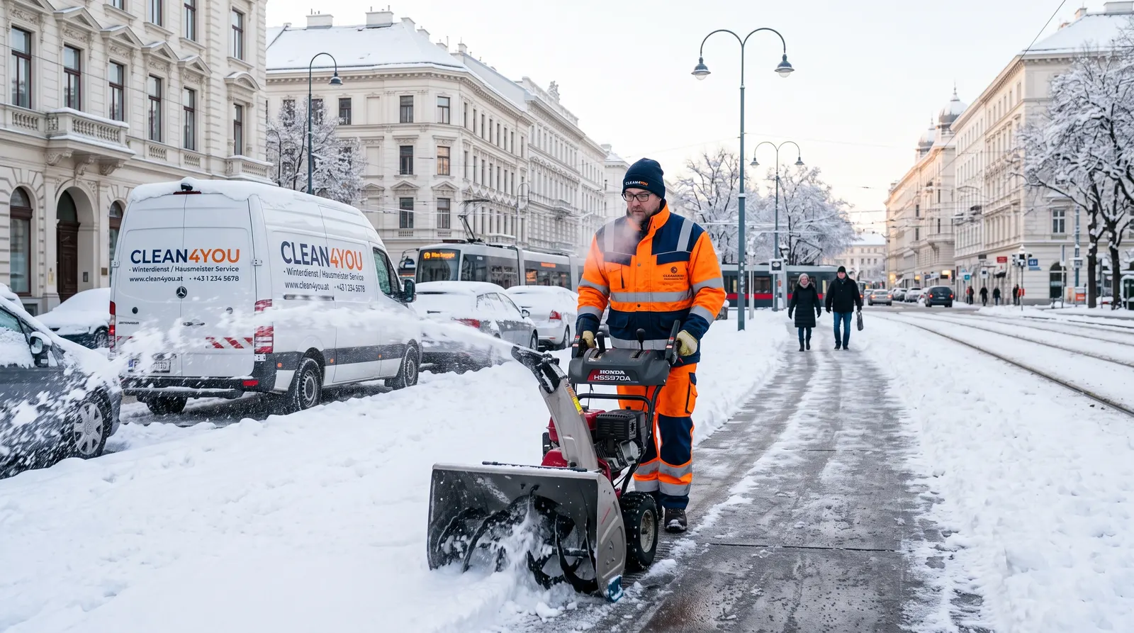 Winterdienst Wien – Schneeräumung durch Clean4You vor einem Wohnhaus